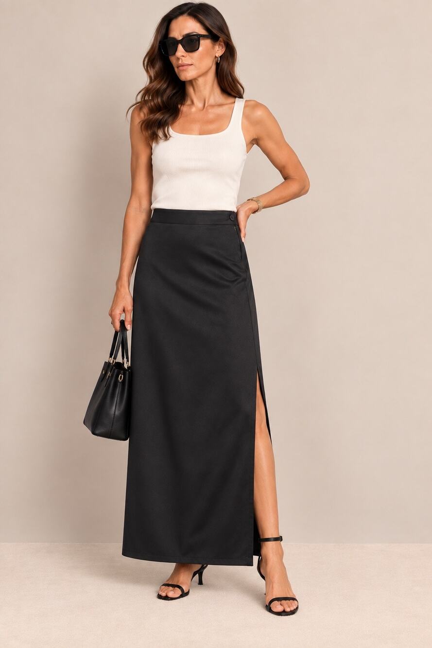 Vintage Lizzy & Johnny Black Satin Maxi Skirt 9/10 80s Side Slit Made USA